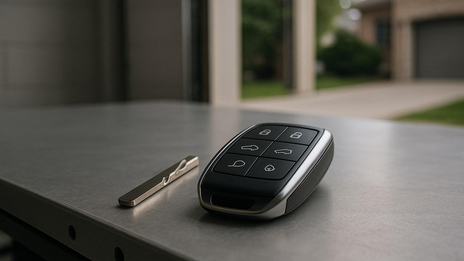 Cadillac XT5 smart key fob resting on a workbench beside key-cutting equipment in a Windsor mobile locksmith van