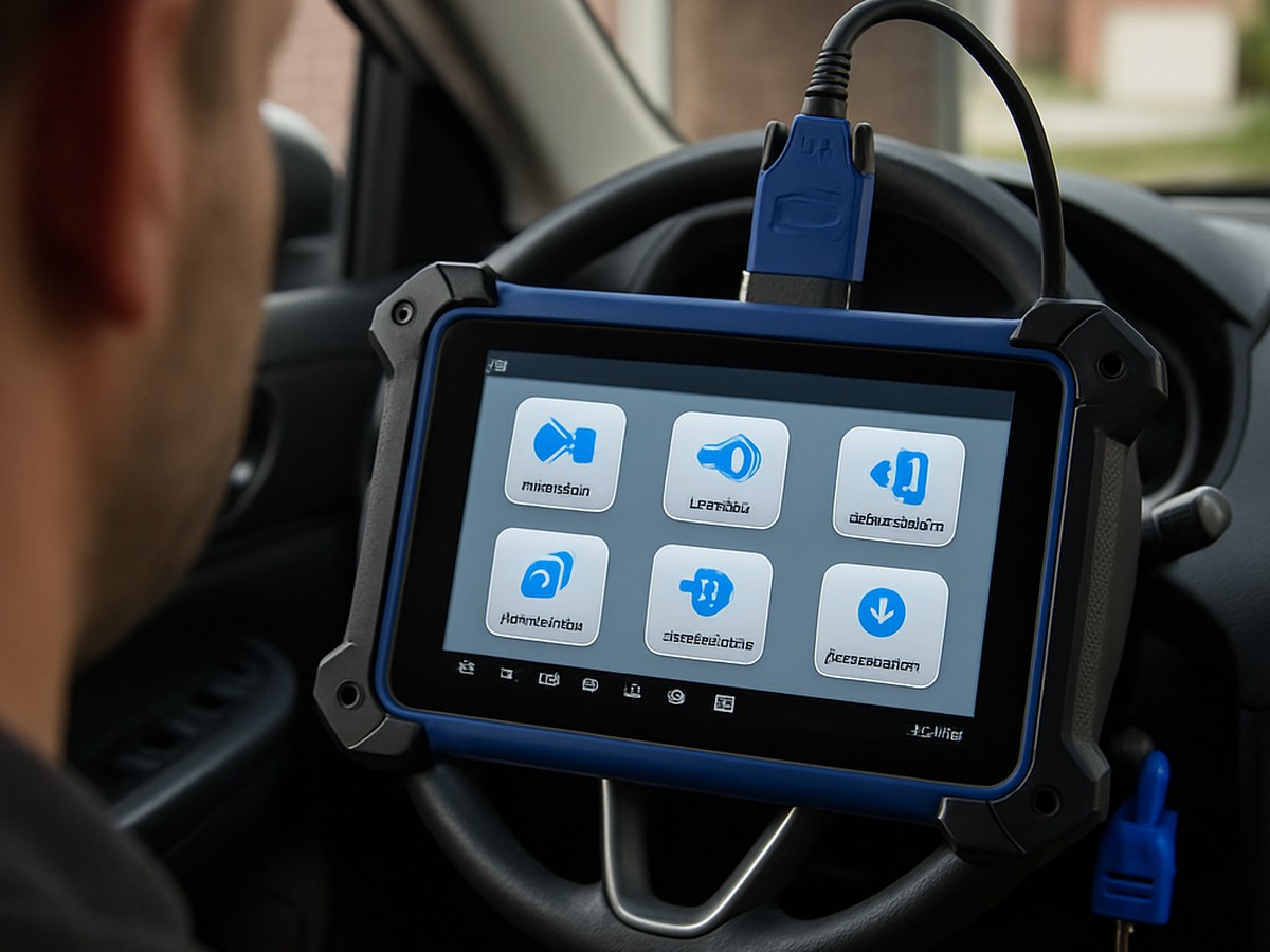 Professional automotive diagnostic tablet connected to a vehicle OBD-II port during Cadillac XT5 smart key programming in a Windsor garage