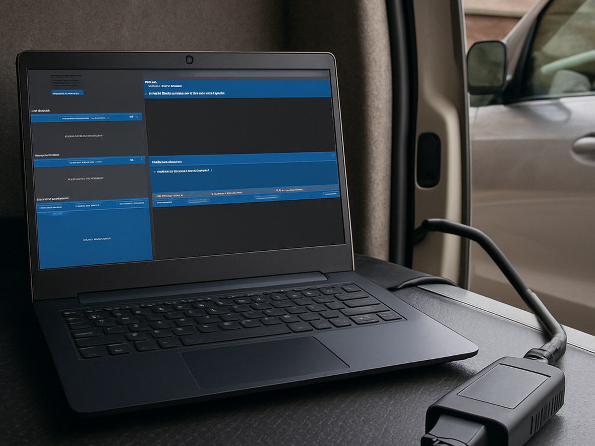 Laptop running GM Techline Connect programming software with a J2534 pass-through interface in a mobile locksmith van