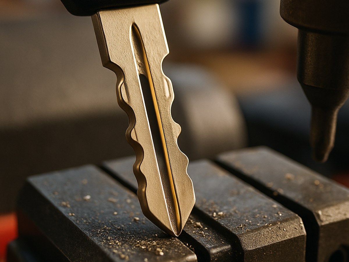 Close-up of a high-security HU100 sidewinder key blade being cut for a Cadillac XT5 spare smart key in Windsor