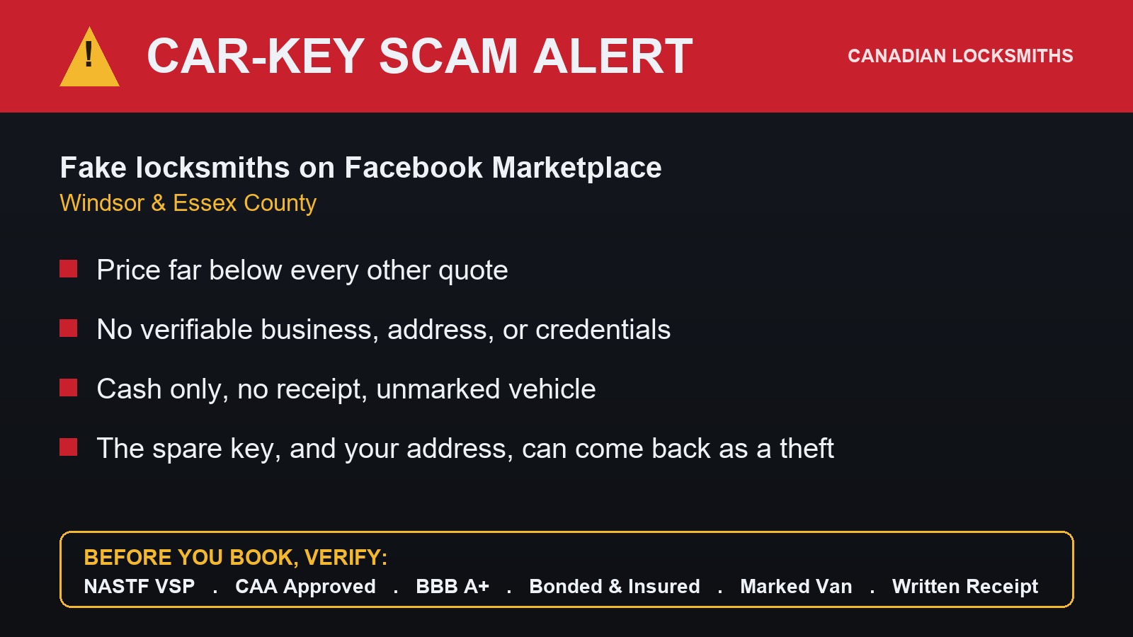 Canadian Locksmiths car-key scam alert: how to spot a fake locksmith on Facebook Marketplace in Windsor and Essex County