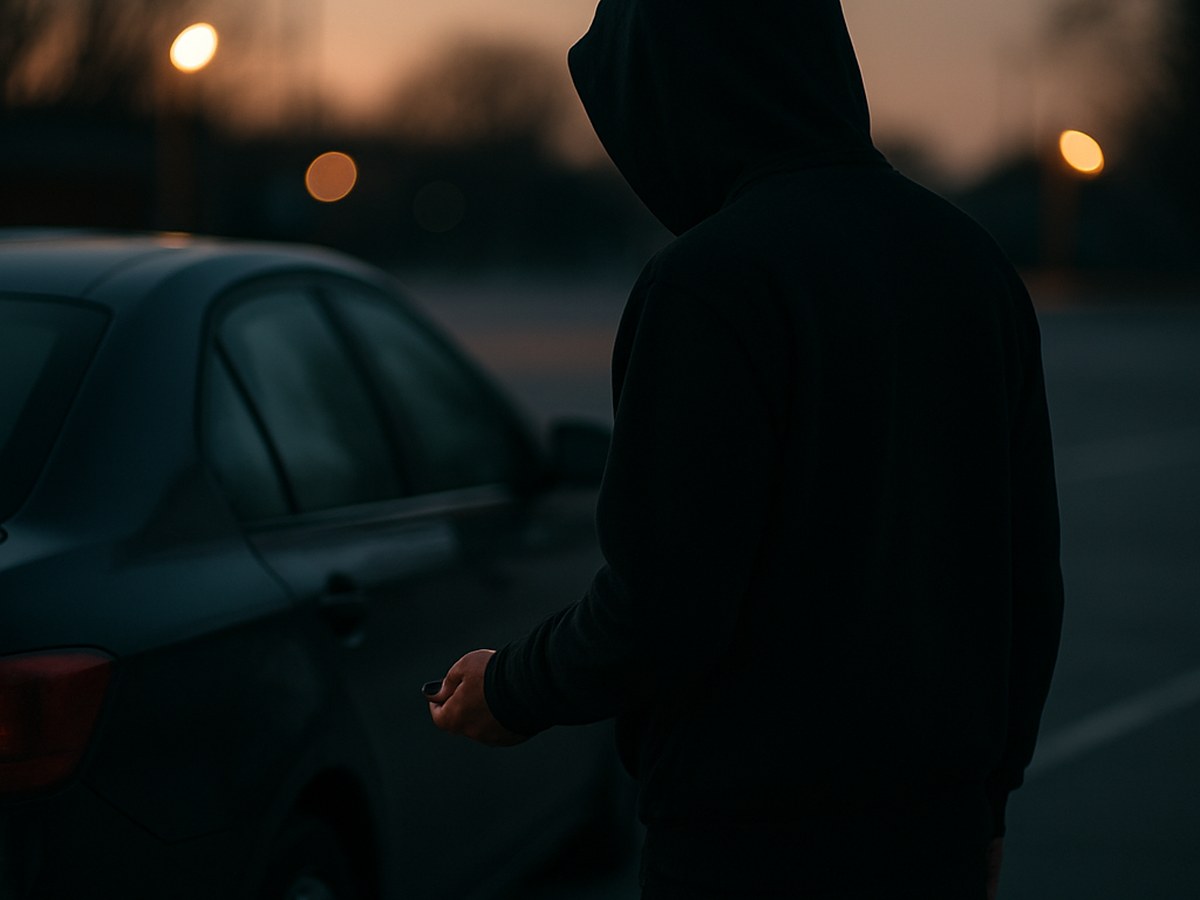 A shadowy figure approaches a parked car with a key fob in hand at dusk, illustrating the fake-locksmith car theft scam