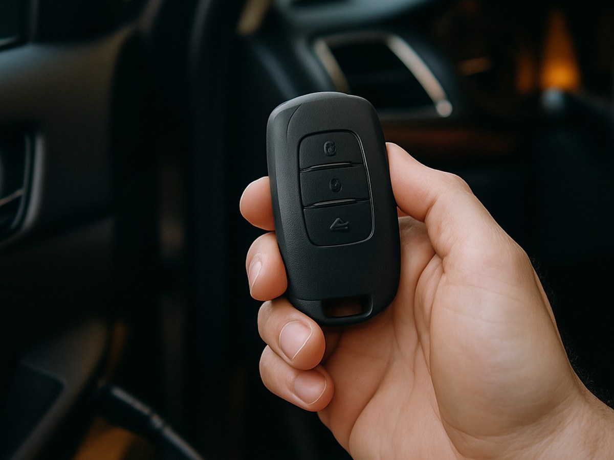 A hand holds a generic key fob beside an open car door with an OBD-II cable plugged into the dashboard, showing legitimate on-board programming