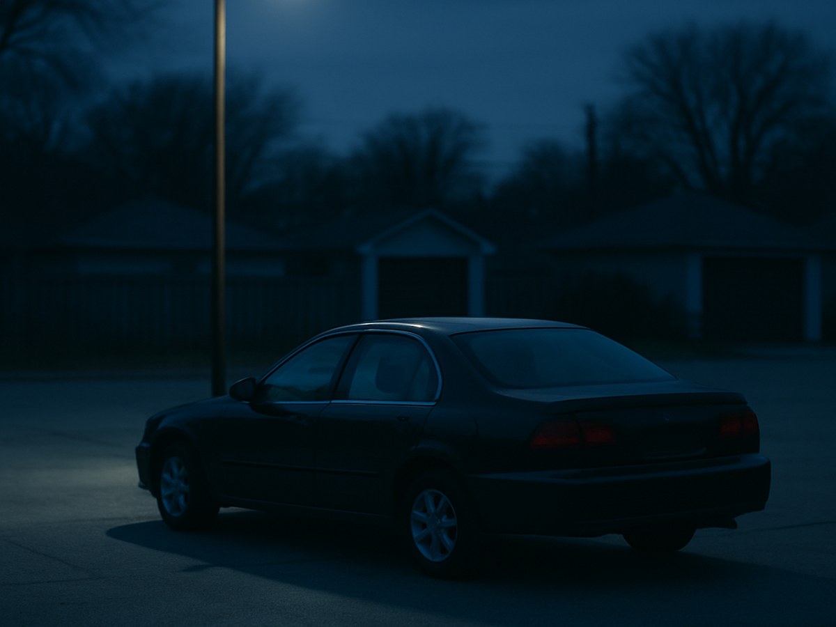 A plain dark sedan parked alone in an empty lot at dusk under a single overhead light, conveying vehicle theft risk