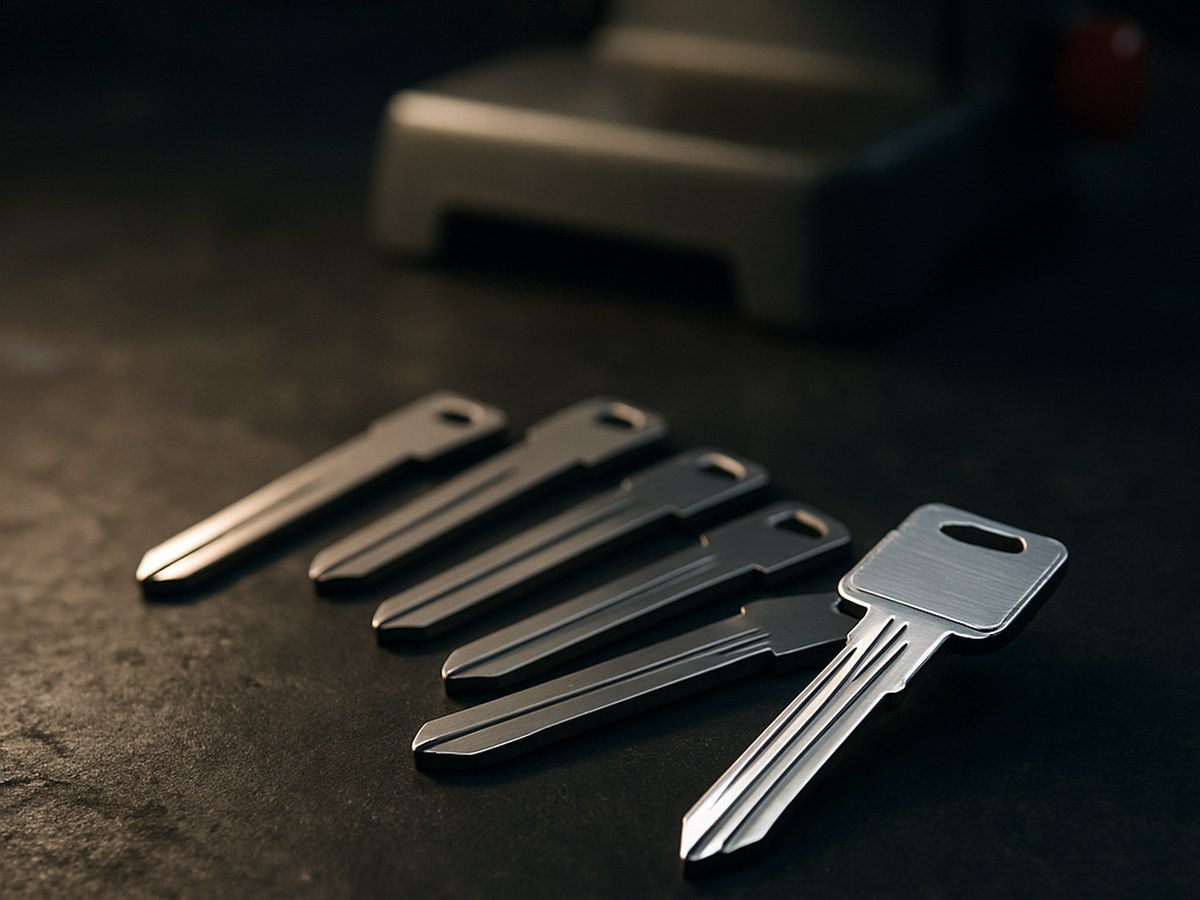 Uncut blank car keys and a freshly cut key on a workbench, representing key origination by a verifiable locksmith