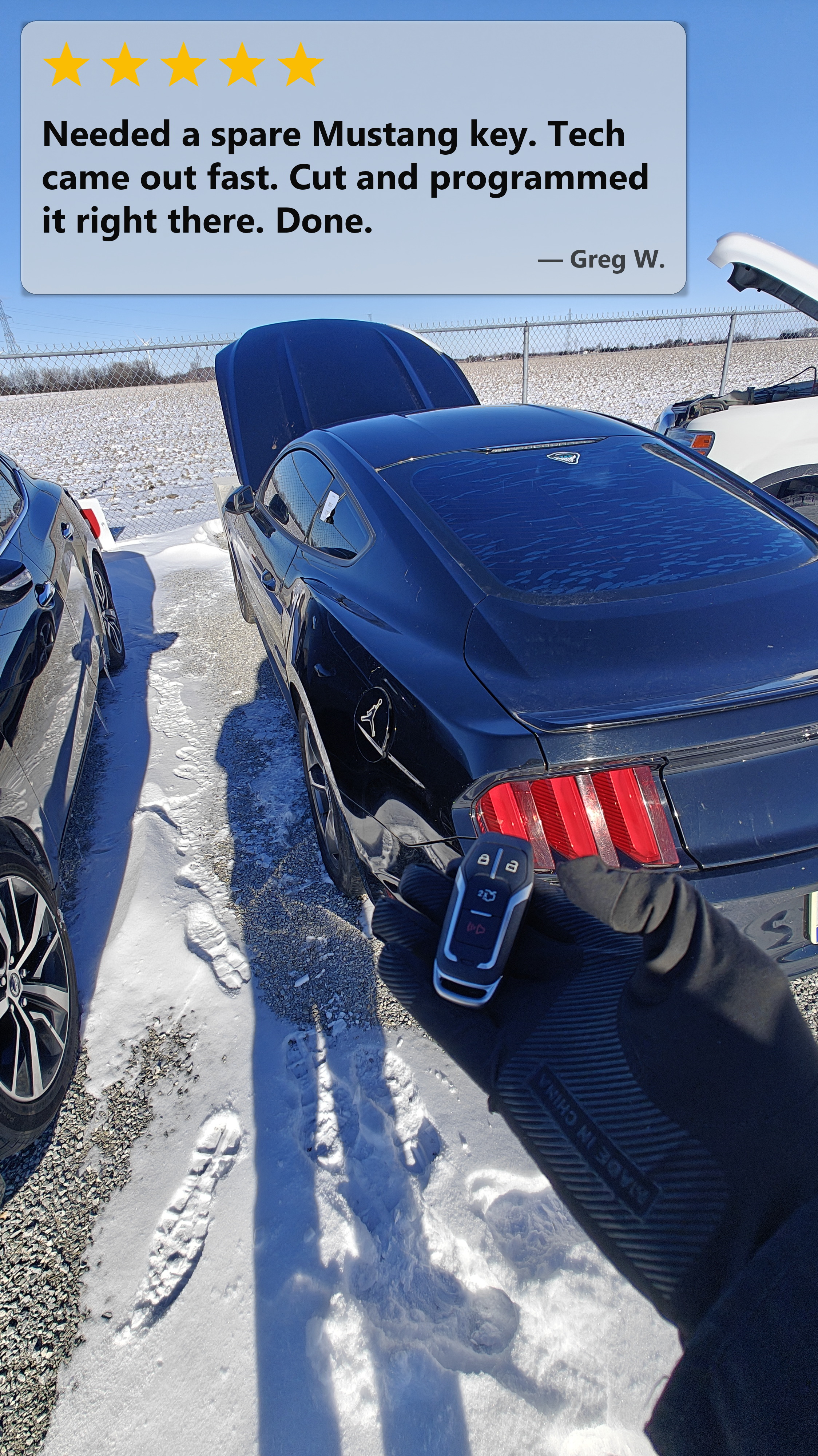 Black sixth-generation Ford Mustang near Roseland Golf in Windsor with a freshly cut and programmed spare five-button smart proximity key by Canadian Locksmiths