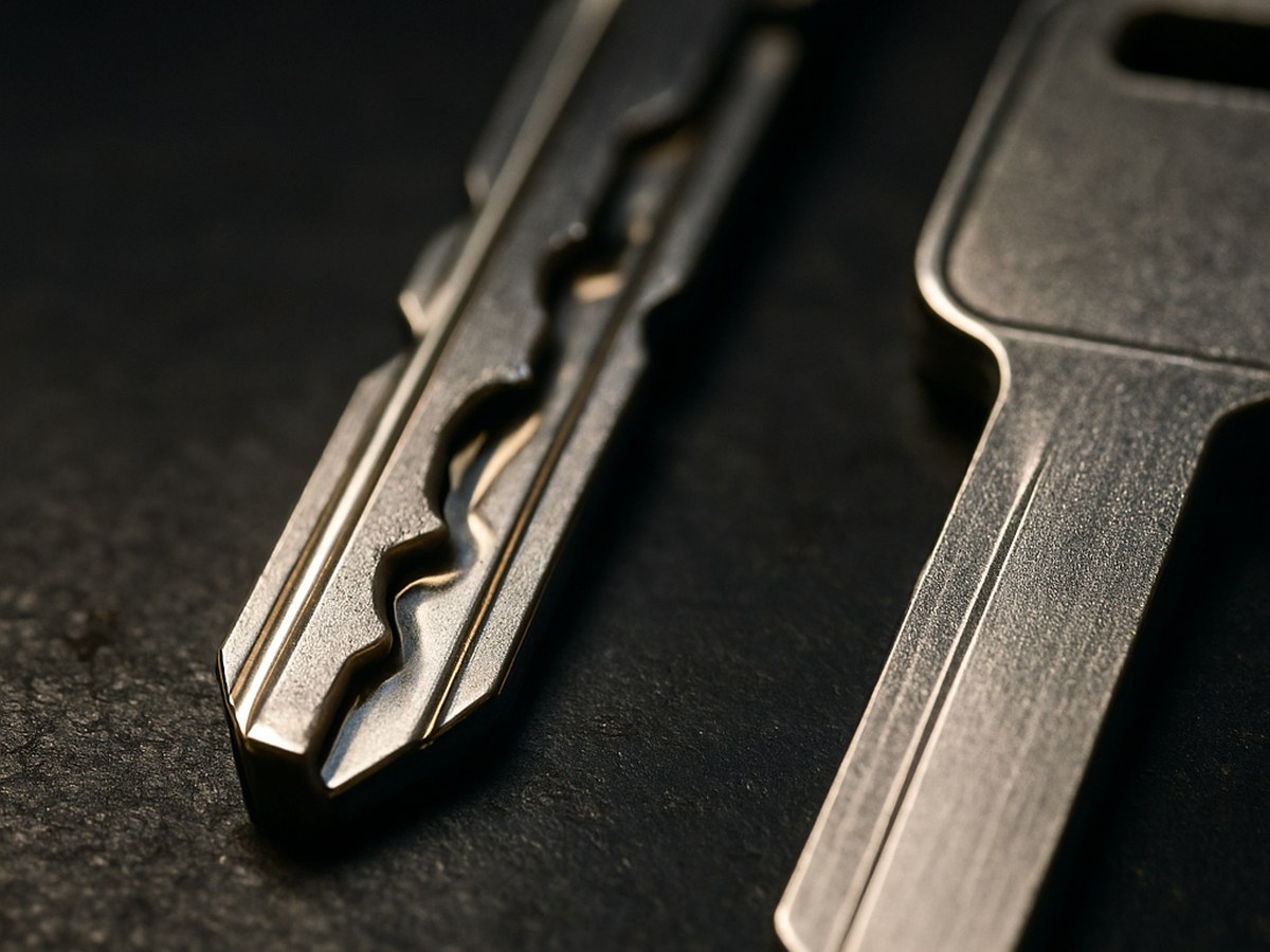 Close-up of a high-security laser-cut key blade beside an uncut blank, the milled internal cuts of the HU101 keyway catching the workshop light