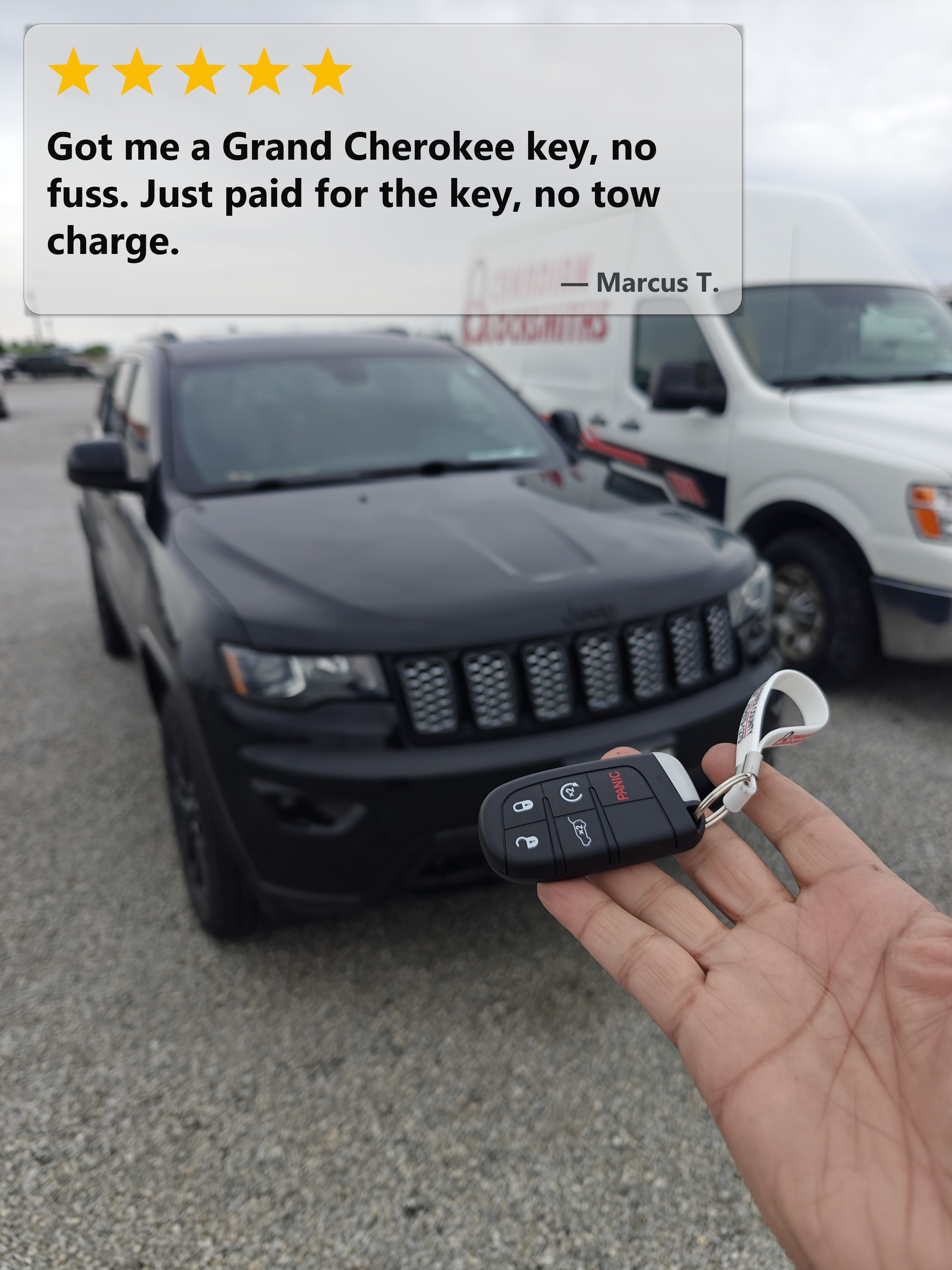 Jeep Grand Cherokee at the Walmart Supercentre, South Windsor, with a freshly cut and programmed spare smart proximity fobik by Canadian Locksmiths
