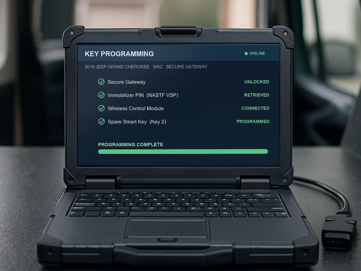 A diagnostic session on the mobile-van laptop showing a completed key-programming job, the dealer-equivalent stack used for all-keys-lost recovery on a Secure Gateway Grand Cherokee