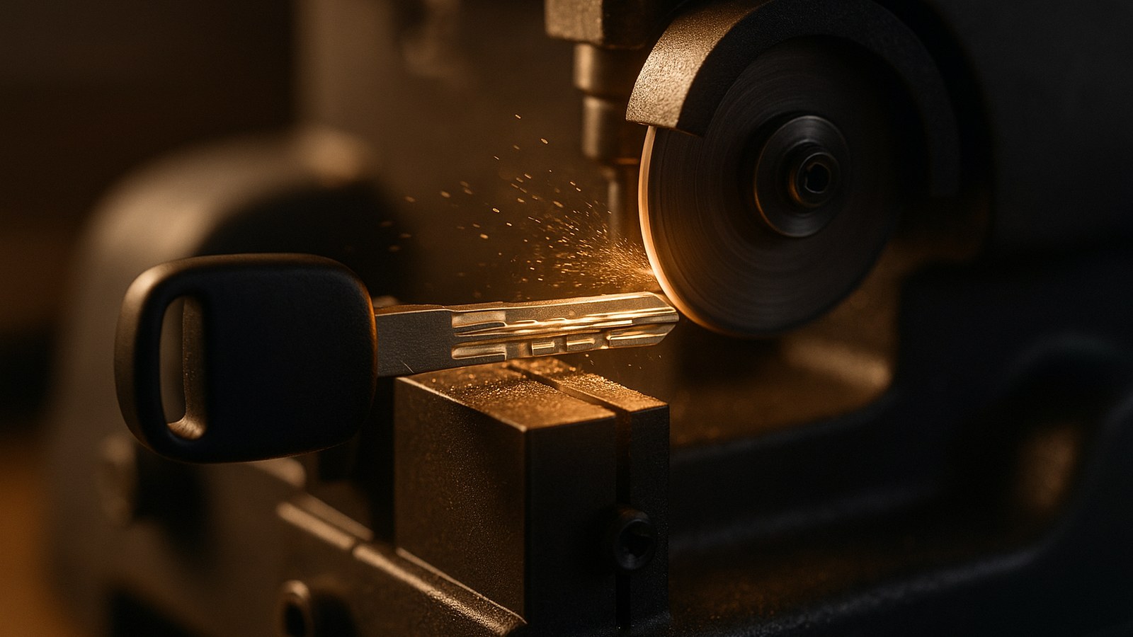 A high-security car key blade being cut on a professional key-cutting machine, mobile automotive locksmith work by Canadian Locksmiths in Windsor