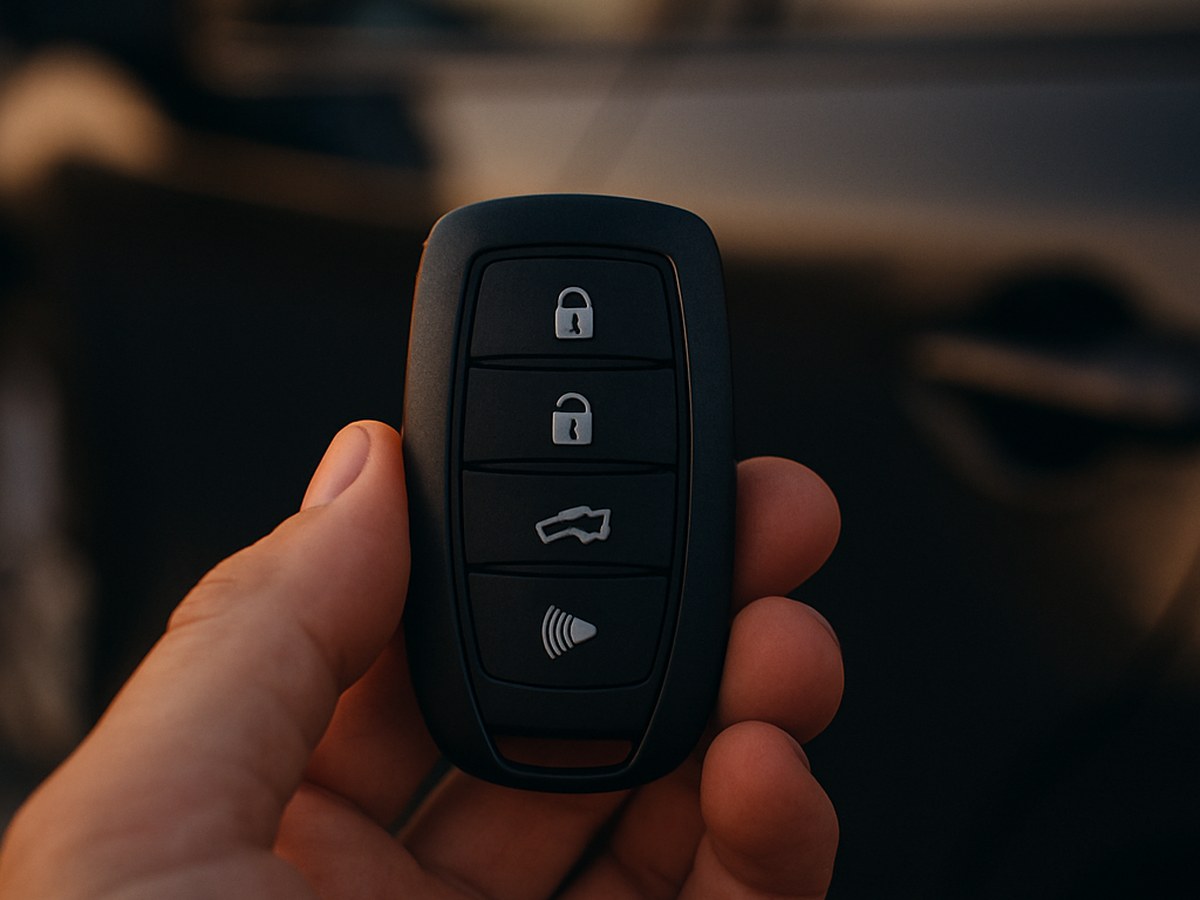 A four-button smart proximity key fob held in hand, the style of OEM-equivalent smart key registered to a Kia Sportage on-site