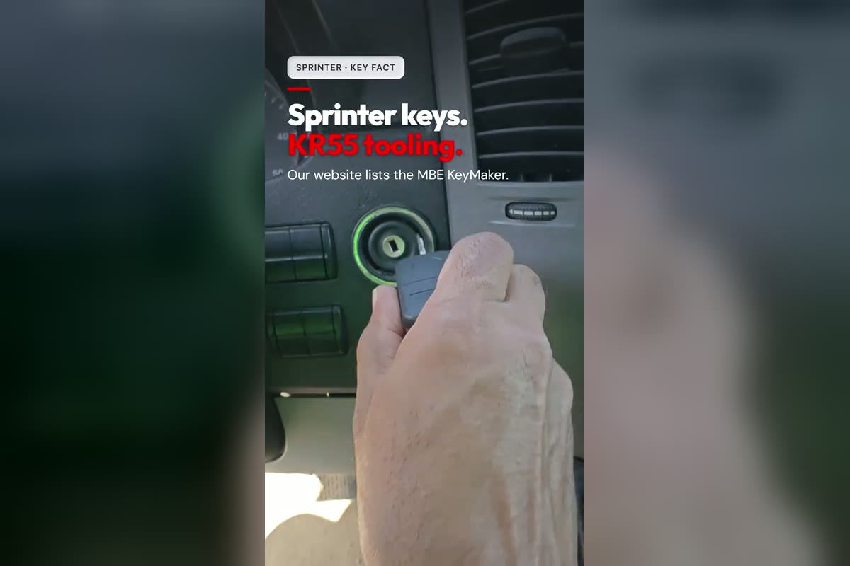 The newly written chrome-sided Sprinter key going into the Electronic Ignition Switch of a Mercedes-Benz Sprinter van near Metro on Howard, Windsor, frame from the Canadian Locksmiths TikTok