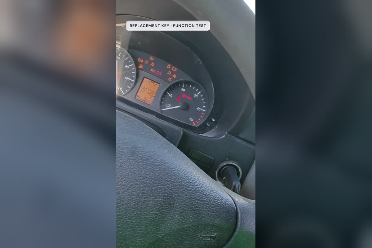 The Mercedes-Benz Sprinter instrument cluster lit up during the replacement key function test after an all-keys-lost job in Windsor, frame from the Canadian Locksmiths TikTok