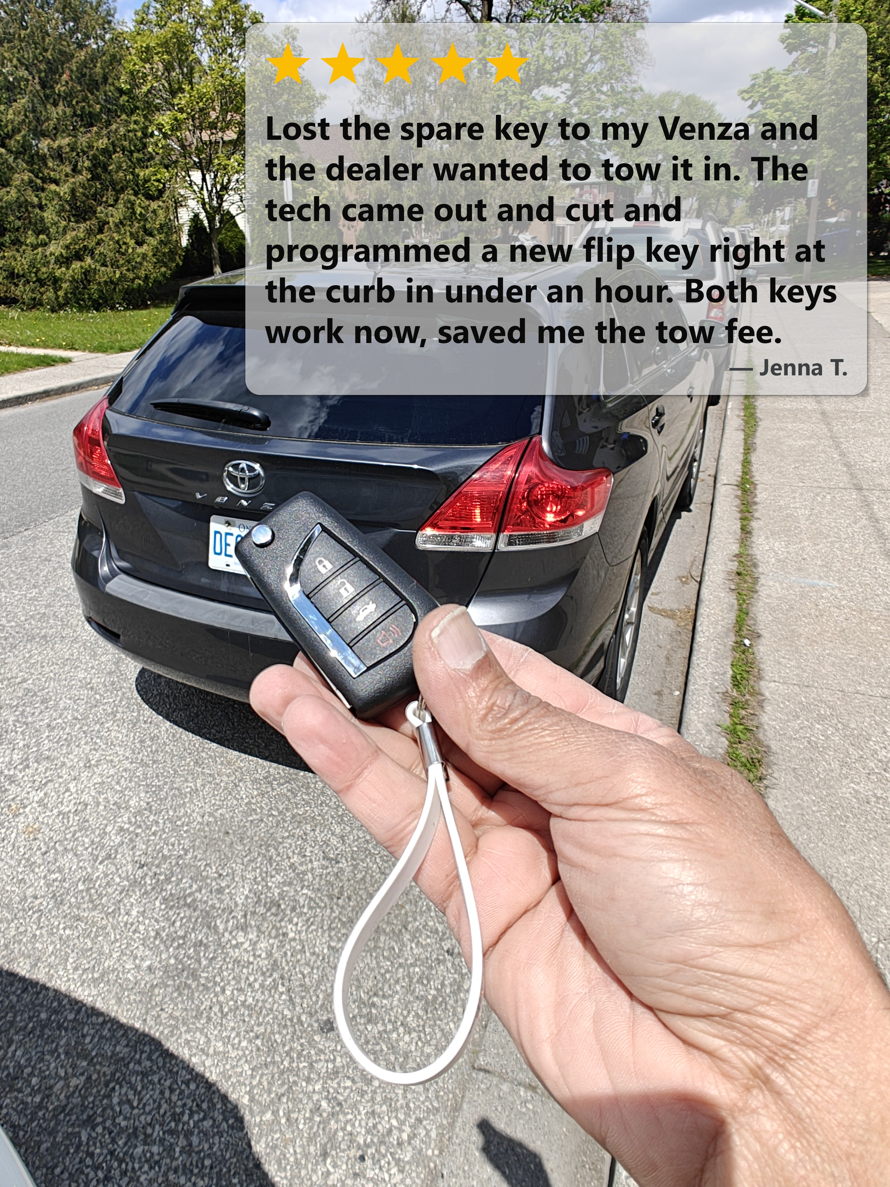 Charcoal Toyota Venza parked at the curb near the Walmart Supercentre in Windsor with a freshly cut and programmed spare four-button transponder flip key by Canadian Locksmiths