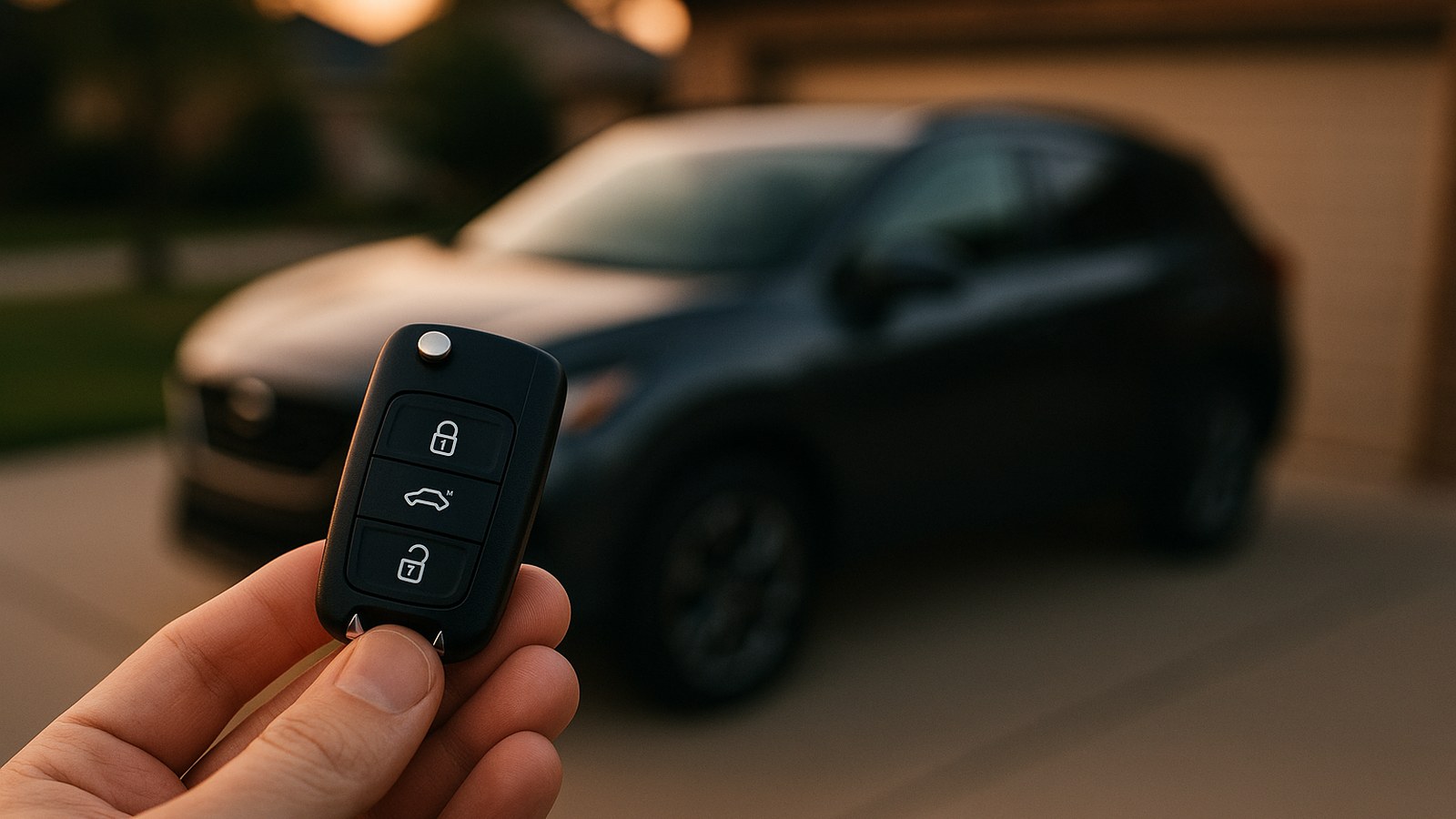A generic dark crossover softly blurred in a driveway at dusk with a black flip key held in sharp focus in the foreground, mobile automotive locksmith work by Canadian Locksmiths in Windsor