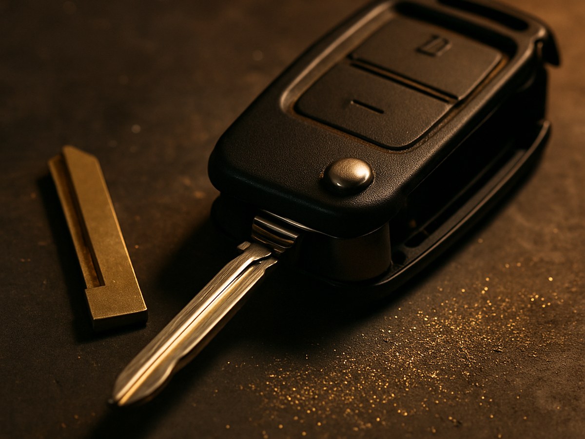 A black transponder flip key laid open beside a freshly cut blade, the style of OEM-equivalent key programmed to a Toyota Venza on-site