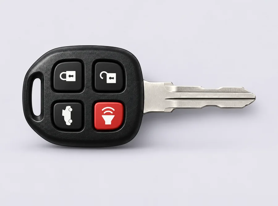 Remote head car key with lock, unlock, trunk and panic buttons