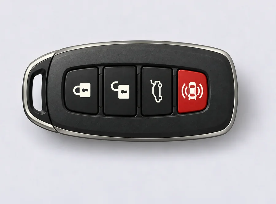 Smart key fob with lock, unlock, trunk and panic buttons