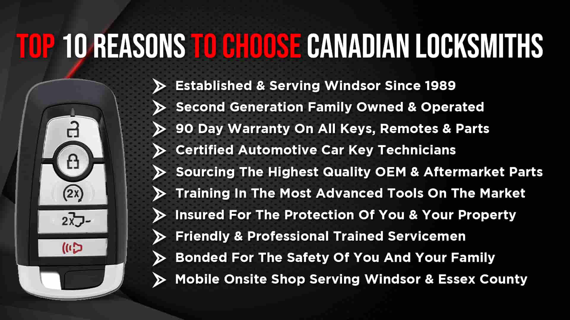 Top 10 list of reasons to use Canadian Locksmiths in Windsor Ontario for car key replacement